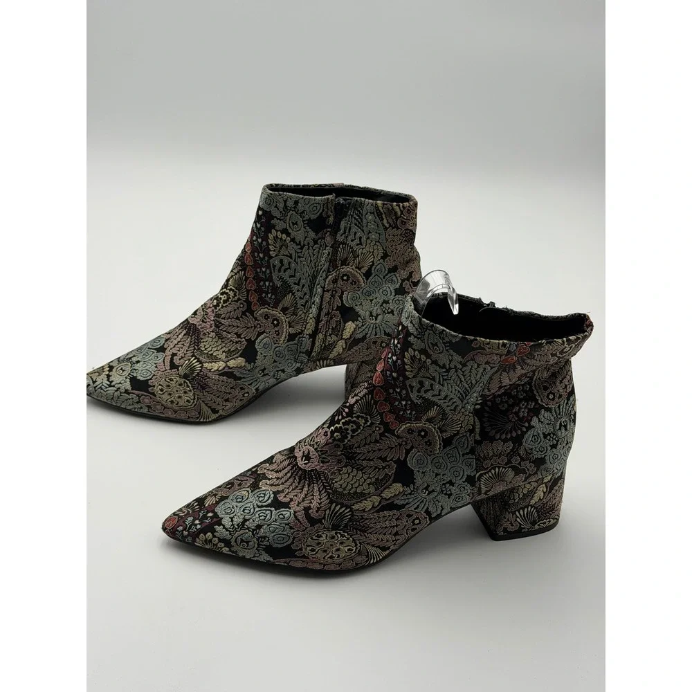 Women's 10 Floral Tapestry Ankle Boots Pointed Toe Brocade Block Boho Victorian